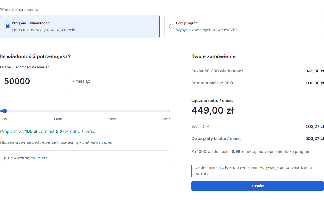 Mailing PRO: wybór wariantu abonamentu, suwak liczby wiadomości i podsumowanie zamówienia z VAT